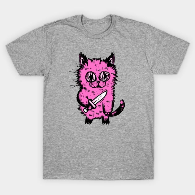 Bad Pink Cat With A Knife T-Shirt by Ravenglow